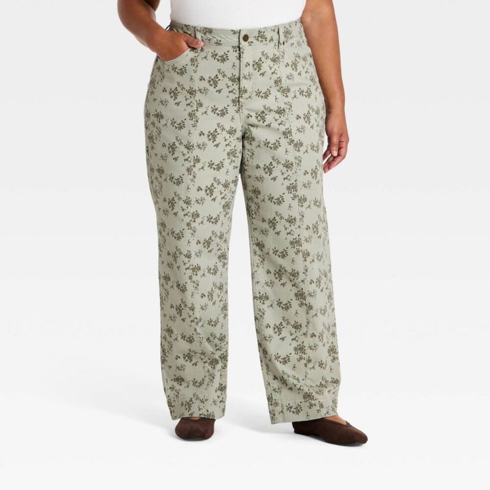 Women's Plus Straight Leg Twill Floral Print Pant - Ava & Viv Olive Green 18